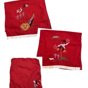 Set of 4 Vintage Red Fall Cross Stitch Fall Farm Scene Towels Pumpkin Scarecrow